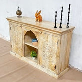 Indian Handmade Carved Solid Hard Wood 2Doors TV Unit Natural